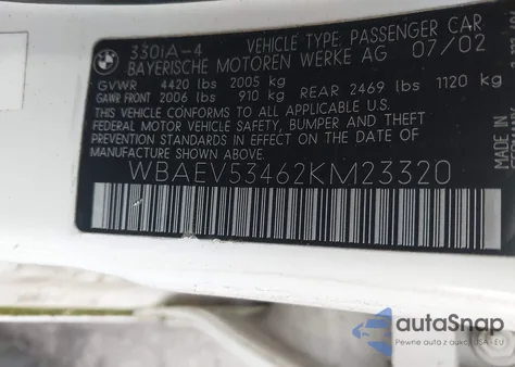 2002 BMW 330I из США, поврежденный, VIN WBAEV53462KM23320